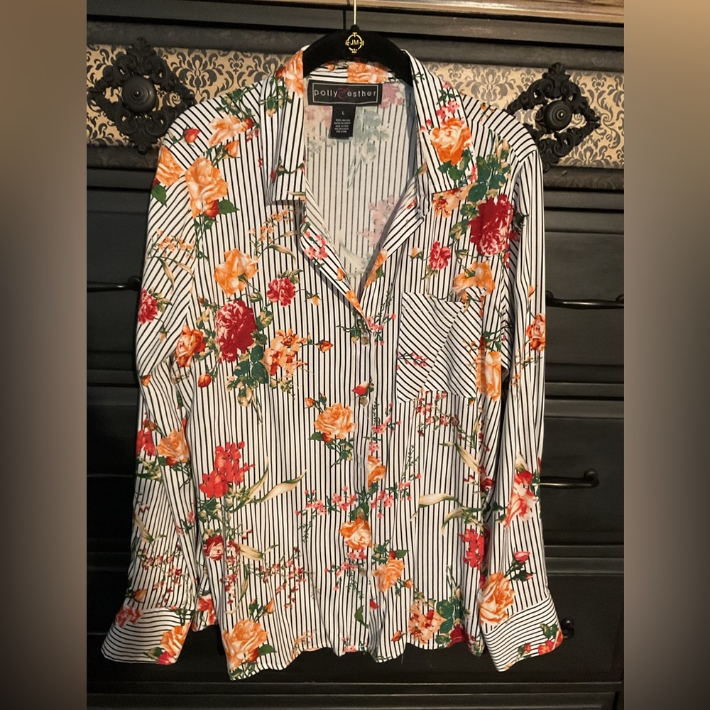 Polly & Esther Black and White Striped Floral Button Down Shirt